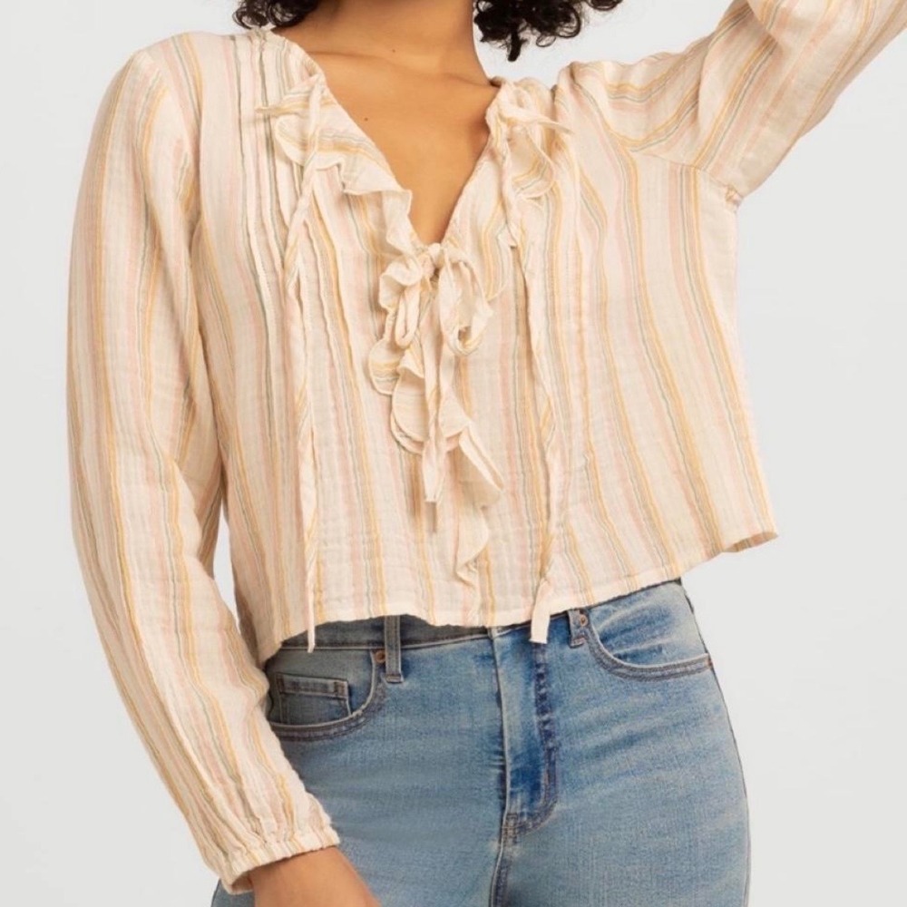 NWT Going Out Cropped Ruffle Gauze Top L Cream Stripe Boho Cotton Tie Front Fun